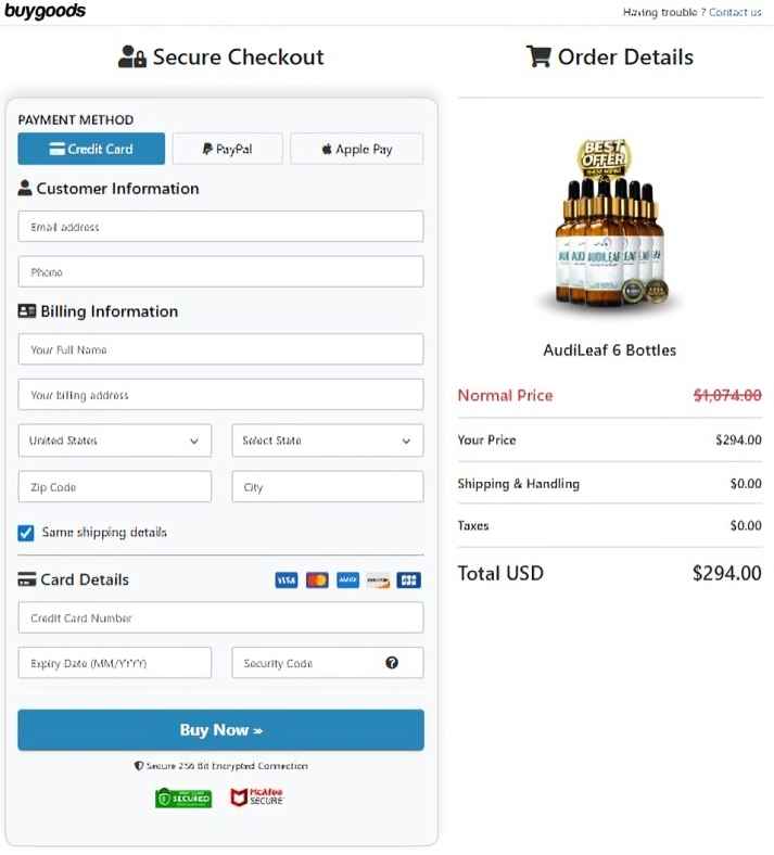 AudiLeaf Secure Order Page — Checkout